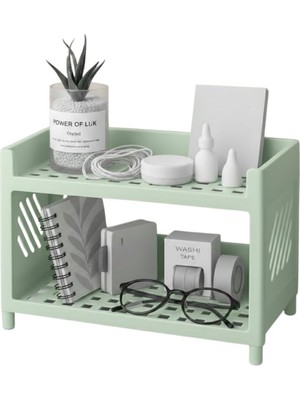 Çok Amaçlı 2 Katlı Organizer Raf – Açık Yeşil Plastik Düzenleyici Stand – Banyo, Mutfak,