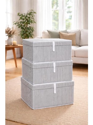 Çok Amaçlı Düzenleyici Kapaklı Sandık Tipi Kutu Hurç Organizer 3 Lü Set (Gri, Maxi 50 x 40 x