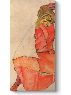 Egon Schiele - Kneeling Female In Orange-Red Dress Tablosu 30 x 60