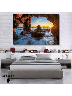 Tekli Yatay Kanvas Duvar Tablosu Gün Batımında Kayalık ve Deniz, 40 x 30
