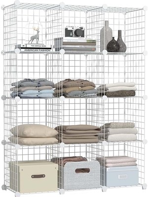 12 Bölmeli Beyaz Renk Metal Tel Portatif Organizer Oyuncak Dolabı Kitaplık Raf Elbise Dolabı