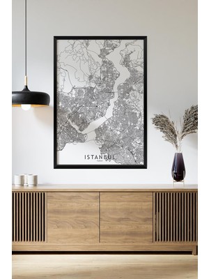 Artavessa Tek Parça Siyah Çerçeve Görünümlü "istanbul Beyaz" Harita Mdf Tablo