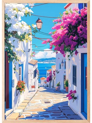 Zestia Ahşap Çerçeveli Tablo, Yunan Adası Sokak Manzarası, Balkon Dekoru Poster No: 111245 50 x