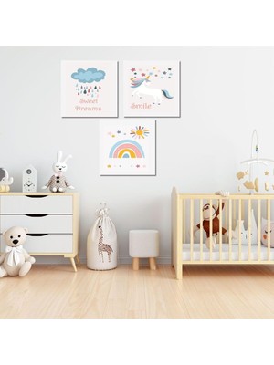 Gaagart 3'lü Kare Kanvas Bebek Odası Unicorn ve Mavi Bulut Tablo Seti 40 x 40 GARTNM2049