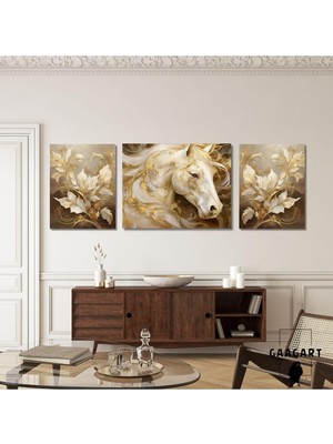 3lü Kanvas Şık Salon Duvar Tablosu Modern Soyut Kahverengi Gold At, 30 x 40