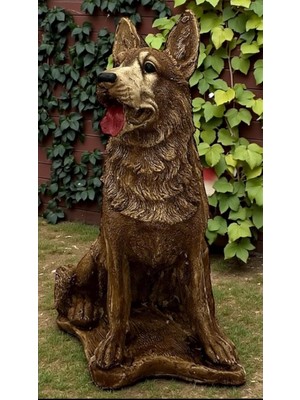 Dekoratif Büyük Boy 55 cm Kahverengi Kurt Köpek Bahçe Balkon Ev Dekorasyonu Biblo Heykel
