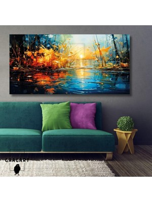 Panoramik Kanvas Duvar Tablosu Yağlı Boya Görünümlü Göl Manzarası, 100 x 50