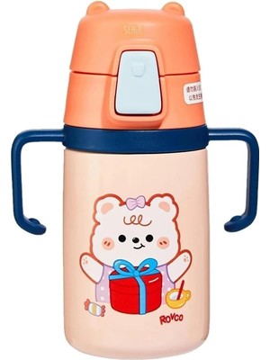 Rovco 400ML Silikon Pipetli Sevimli Ayıcıklı Boyun Askılı Bebek Kulplu Paslanmaz Çelik Termos