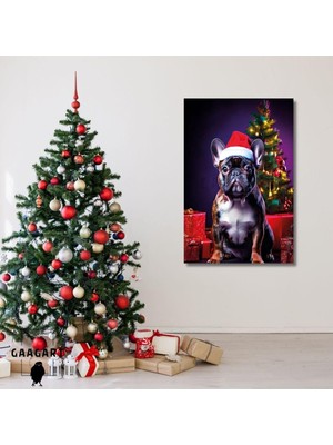 Tekli Dikey Kanvas Duvar Tablosu Yılbaşı Hediyesi Noel Baba Kostümlü French Bulldog, 60 x 90