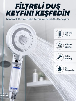 Aesco Şeffaf Filtre Hazneli Duş Başlığı Güçlü Akışlı Pratik Banyo Duşu