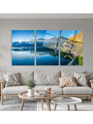 3'lü Set Cam Tablo Hallstatt Köyü Avusturya Göl Manzarası Dekorasyon