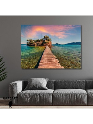 Tekli Yatay Kanvas Duvar Tablosu Pembe Gök ve Ahşap Iskele, 60 x 40