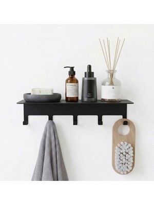 Orret Home Yapışkanlı Metal Banyo Rafı 5 Kancalı Duvar Rafı Organizer Dekoratif Raf Siyah Pasl