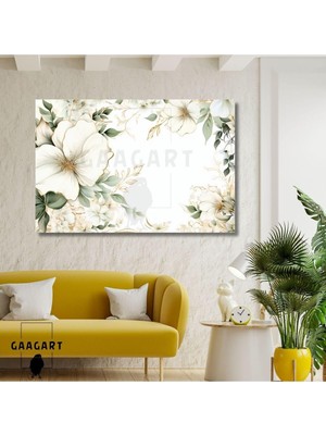 Tekli Yatay Kanvas Duvar Tablosu Yeşil Sarı Beyaz Çiçekler, 120 x 80