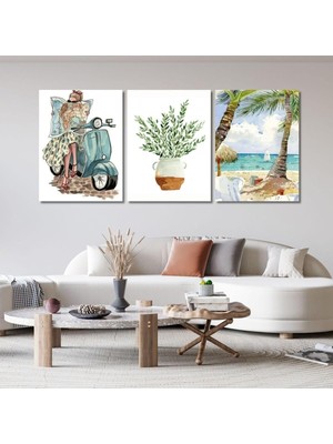 3'lü Kanvas Duvar Tablosu Boho Kadın ve Palmiye Deniz Manzara, 50 x 70