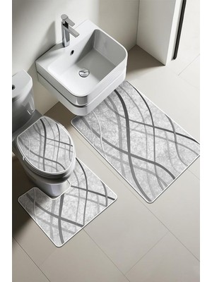 Modern Desenli Dijital Baskı 3'lü Banyo Paspas Takımı Yıkanabilir Kaymaz Tabanlı Klozet Takım