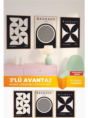 Ahşap Çerçeveli 3'lü Minimal Poster Seti – Bauhaus Siyah Beyaz Modern Duvar Tablosu Siyah 30 x