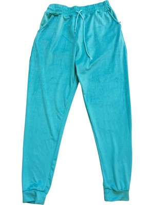 Royaleks Parlak Kadife Cepli Pantolon Eşofman Pijama Altı Unisex Lastikli Paça Yeşil