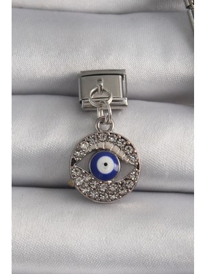 Mey Ithalat® 316L Çelik Gümüş Renk Sallantı Zirkon Taşlı Göz Model Nazar Boncuk Detay Nomination Charm