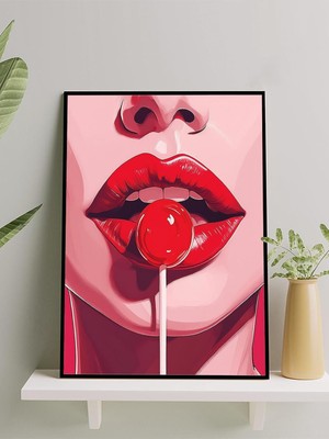 Woman Lip Pop, Kadın Dudak Lolipop Pop Art Çerçeveli Tablo - Çerçeveli Poster, Sanatsal Dekoras