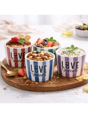 Arvale Love Yourself 4'lü Seramik Kase 8 cm - Tatlı, Granola ve Dondurma Sunum Kasesi