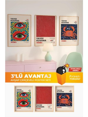 Ahşap Çerçeveli 3'lü Sanat Poster Seti – Yayoi Kusama Tokyo Modern Art Duvar Tablosu Çok Renk