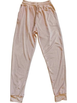 Royaleks Parlak Kadife Cepli Pantolon Eşofman Pijama Altı Unisex Lastikli Paça Bej