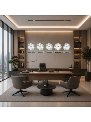 KSB Store Modern Krom 5’li 36 cm Metal Tabelalı Dünya Saatleri