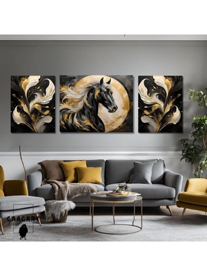 3lü Kanvas Şık Salon Duvar Tablosu Modern Soyut Siyah Gold At, 40 x 60