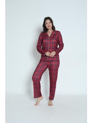 Obje Kadın Önden Düğmeli Kırmızı Ekose Desen Pijama Üstü