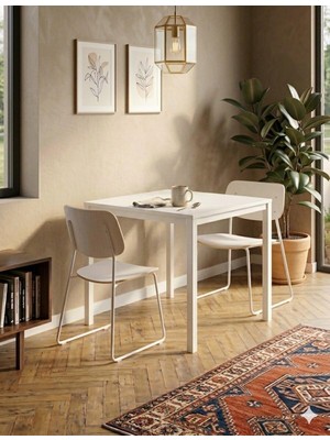 Kompakt Yemek Masası 88X60 Beyaz Metal Ayak ve Beyaz Tabla