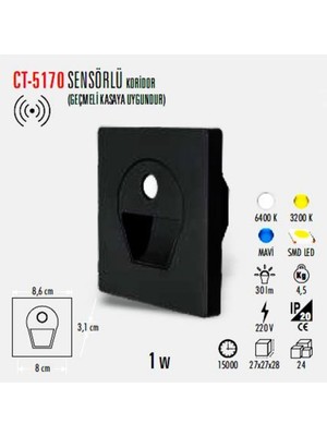 Cata CT-5170 1 Watt Siyah Kasa Sensörlü Koridör Armatürü Beyaz
