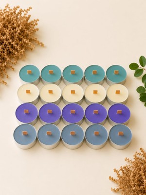 Ns-Era Sedefli Ahşap Fitil Tealight Mum Seti 20 Adet - Sandal Ağacı Kokulu, Yeşil, Sarı, Mor, G
