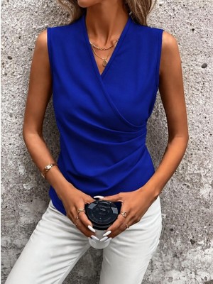 Gökyüzü Moda Kadın Kolsuz Kruvaze Yakalı Ithal Krep Bluz