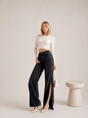 Shevega Siyah Yüksek Bel Yan Fermuar Detaylı Bol Paça Palazzo Jean Denim Kot Pantolon