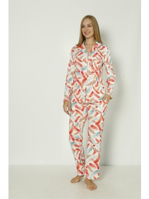 Obje Kadın Önden Düğmeli Tüy Desenli Pijama Üstü