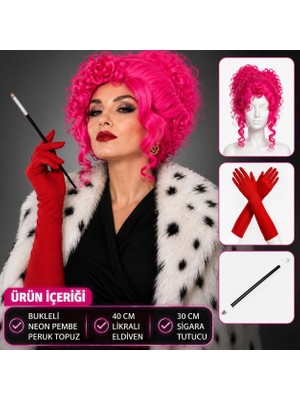 Magicool Neon Bukleli Pembe Peruk Uzun Kumaş Kırmızı Eldiven ve  Tutucu Seti (3 Parça)