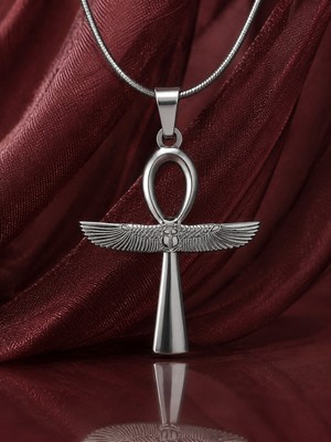Voyage Accessory Paslanmaz Çelik Gümüşrenk Antik Mısır Tanrıça Isis Kanat Detaylı Yaşam Anahtarı Ankh Kolye
