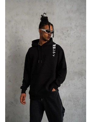 İlk El Grup Erkek 3 Iplik Pamuklu Kapüşonlu Baskılı Cepli Oversize Sweatshirt Hoodie - Siyah
