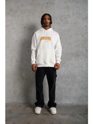 İlk El Grup Erkek Baskılı Kapüşonlu 3 Iplik Pamuklu Hoodie Sweatshirt - Beyaz