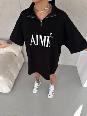 İlk El Grup Kadın Yarım Fermuarlı Tişört Baskılı T-Shirt - Siyah