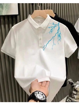 İlk El Grup Erkek Polo Yaka Tişört Düğmeli Pike Yıldırım Baskılı T-Shirt - Beyaz
