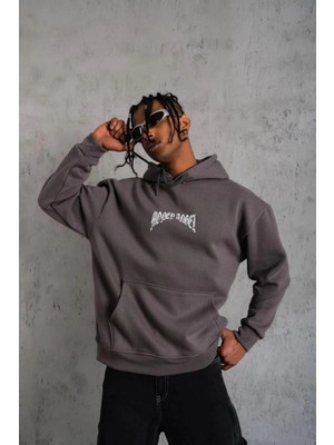 İlk El Grup Erkek 3 Iplik Pamuklu Baskılı Kapüşonlu Cepli Sweatshirt Hoodie - Füme