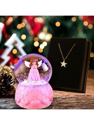 Maxi Trendy Arkadaşa Hediye Yıldız Kolye & Pembe Mini Işıklı Peri Kar Küresi
