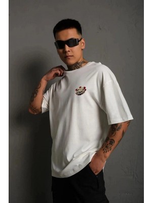 İlk El Grup Erkek Kısa Kol Tişört Bisiklet Yaka Kuru Kafa Baskılı T-Shirt - Beyaz
