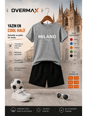 Overmax Milano Baskılı Çocuk Takım – Tişört & Şort 2’li Kombin | 1-12 Yaş Trend Yazlık Takım