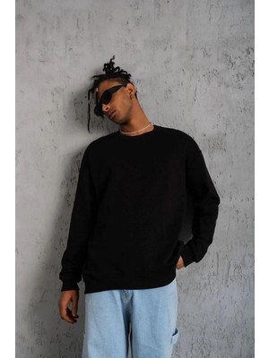 İlk El Grup Erkek Bisiklet Yaka Baskılı 3 Iplik Pamuklu Sweatshirt -  Siyah