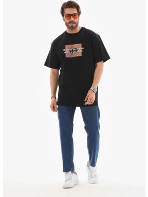 İlk El Grup Erkek Baskılı T-Shirt Kısa Kol Bisiklet Yaka Regular Fit Rahat Kalıp Tişört -  Siyah
