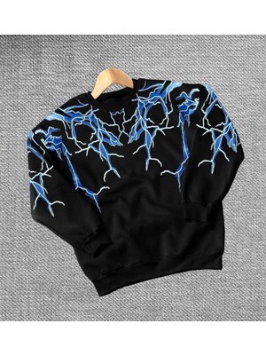 İlk El Grup Kadın Yıldırım Baskılı Bisiklet Yaka 3 Iplik Pamuklu Sweatshirt - Siyah