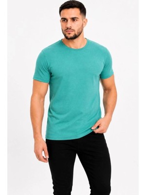 İlk El Grup Erkek Basic Tişört Bisiklet Yaka Kısa Kol Günlük Yazlık Slim Fit T-Shirt - Su Yeşili